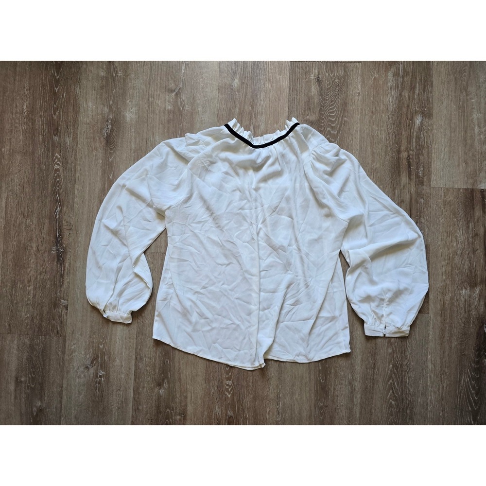 J.Crew Womens Ruffle Neck Tie Blouse Ivory White Black Velvet Trim size M sheer - Picture 9 of 9